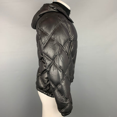 THEORY Size M Black Quilted Lamb Skin Leather Zip Up Hooded Jacket