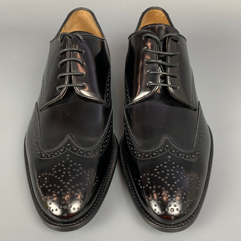 BALLY Size 7 Black Perforated Patent Leather Wingtip Lace Up Shoes