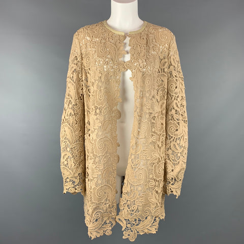 RALPH LAUREN Black Label Talla 12 Cárdigan con ribete de cuero de algodón con textura de encaje beige