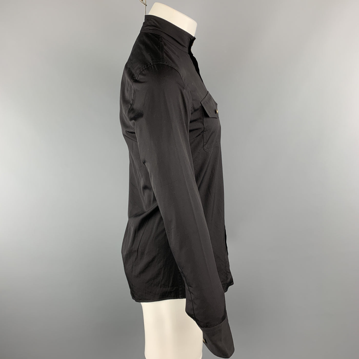 GUCCI Size S Black Solid Cotton Nehru Collar Long Sleeve Shirt