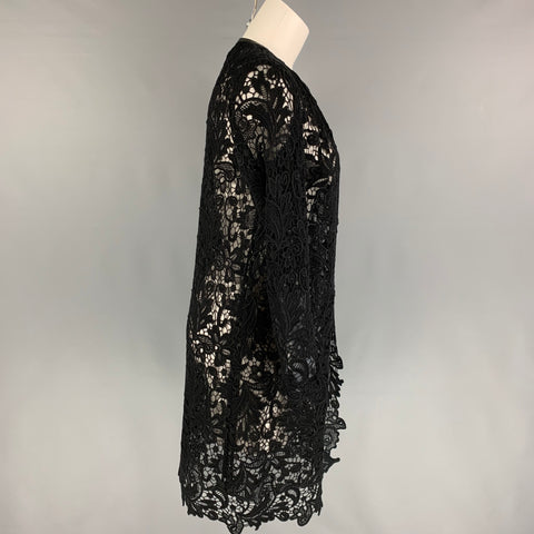 RALPH LAUREN Black Label Taille 4 Noir Coton Dentelle Garniture En Cuir Ouvert Manteau Avant