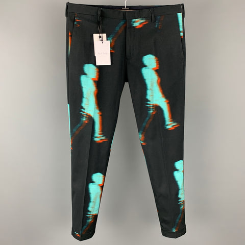PAUL SMITH Talla 34 Pantalones de vestir con bragueta y cremallera de algodón / viscosa con estampado negro y verde azulado
