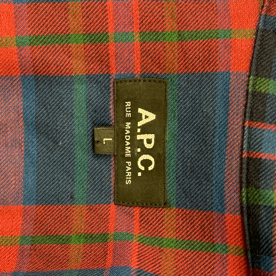 A.P.C. Size L Blue & Red Plaid Cotton / Linen Button Down Long Sleeve Shirt