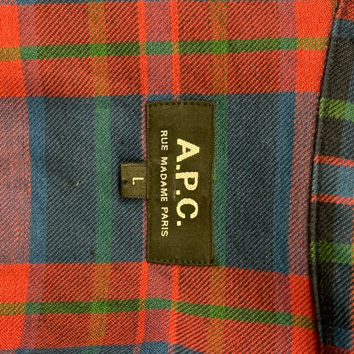 A.P.C. Size L Blue & Red Plaid Cotton / Linen Button Down Long Sleeve Shirt