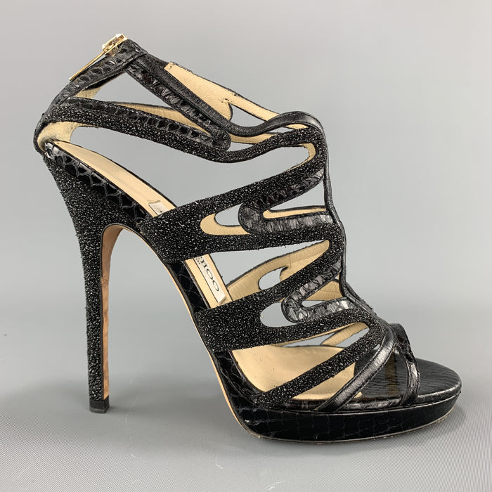 JIMMY CHOO Size 7 Black Snake Skin & Glitter Leather Strappy Sandals