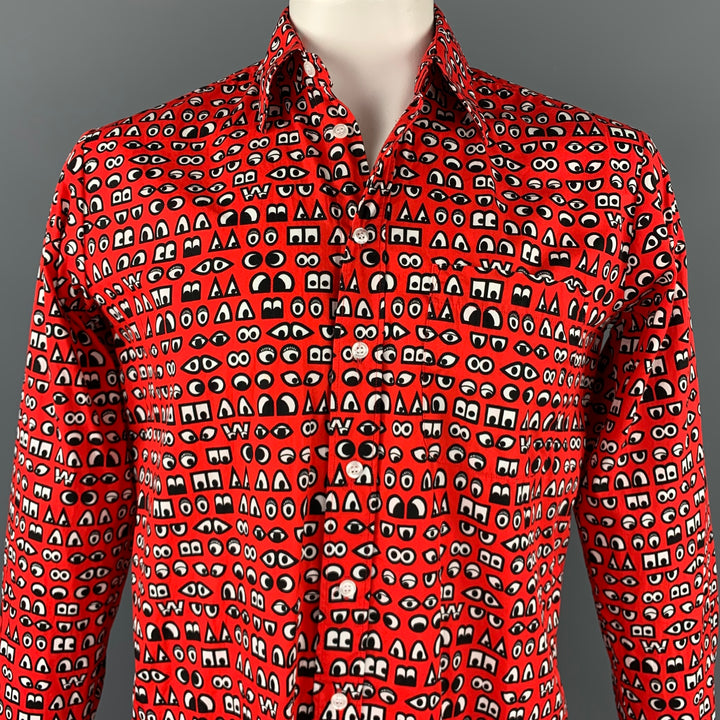 WALTER VAN BEIRENDONCK Talla M Camisa de manga larga con botones de algodón con estampado rojo