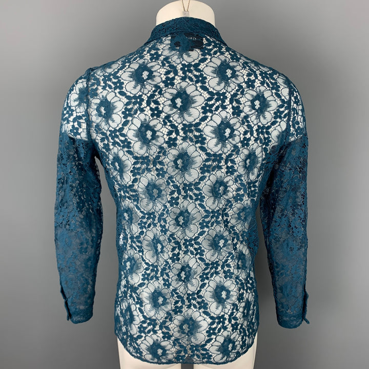 GUCCI S/S 16 Size S Teal Sheer Lace Embroidery Polyamide Blend Long Sleeve Shirt