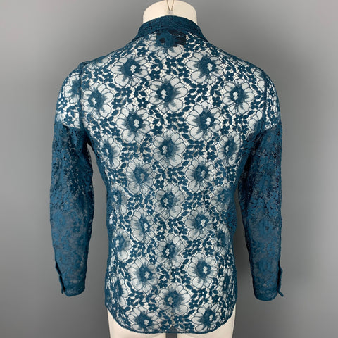 GUCCI S/S 16 Size S Teal Sheer Lace Embroidery Polyamide Blend Long Sleeve Shirt