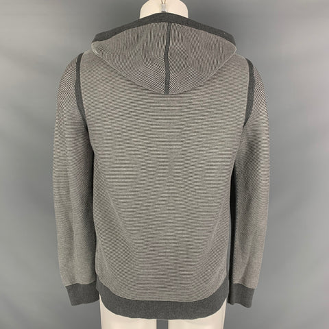 THEORY Size M Grey White Stripe Cotton Blend Hooded Cardigan