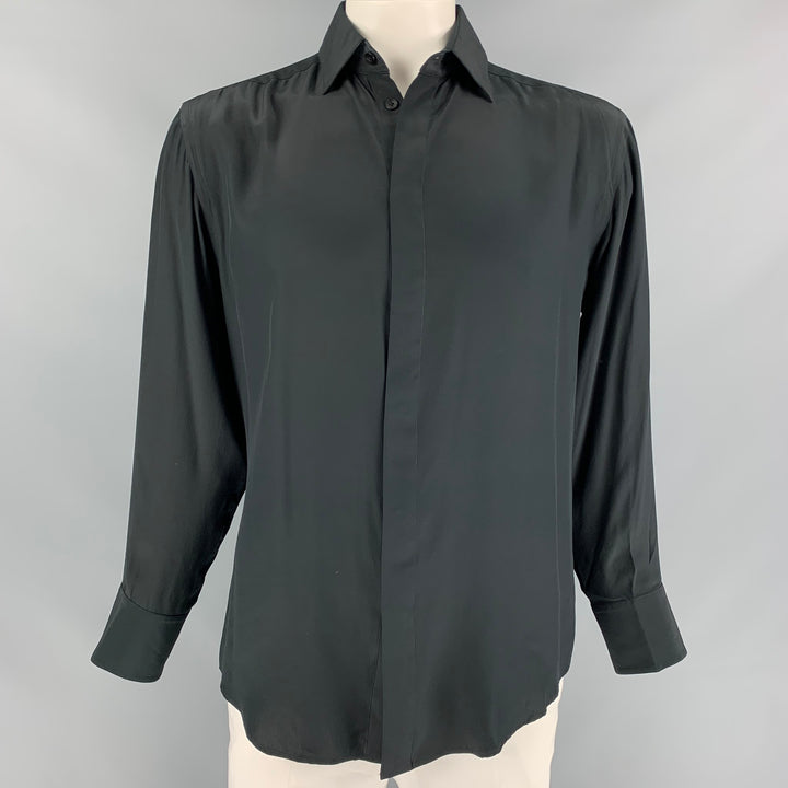 RICHARD TYLER Size L Black Silk Hidden Placket Long Sleeve Shirt