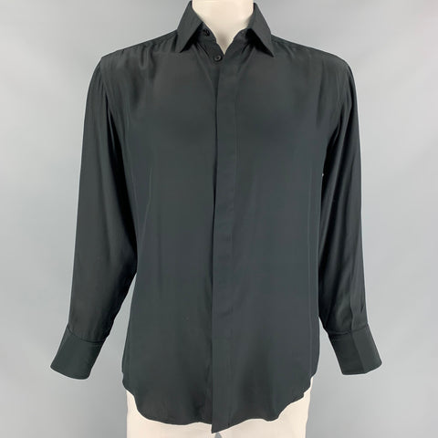 RICHARD TYLER Size L Black Silk Hidden Placket Long Sleeve Shirt