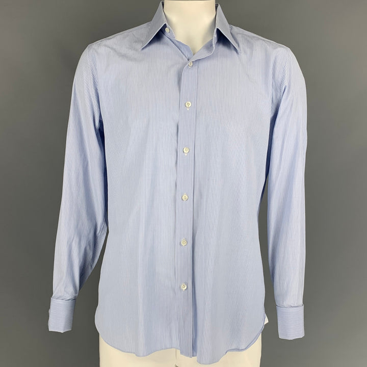 TOM FORD Size XL Light Blue & White Stripe Cotton French Cuff Long Sleeve Shirt