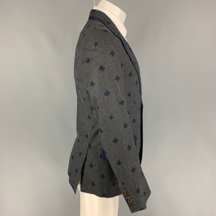 GUCCI Size 36 Regular Charcoal Navy Royal Bee Embroidery Wool Sport Coat