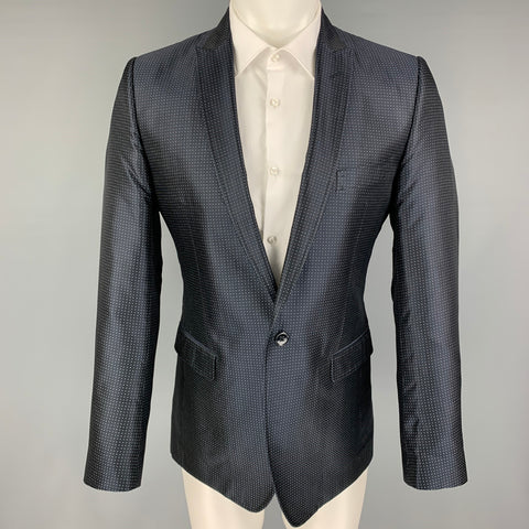 DOLCE & GABBANA Size 38 Navy Print Silk Peak Lapel Sport Coat