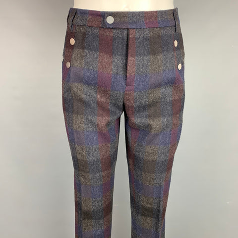 RAF SIMONS Size 32 Charcoal & Navy Plaid Wool Zip Fly Dress Pants