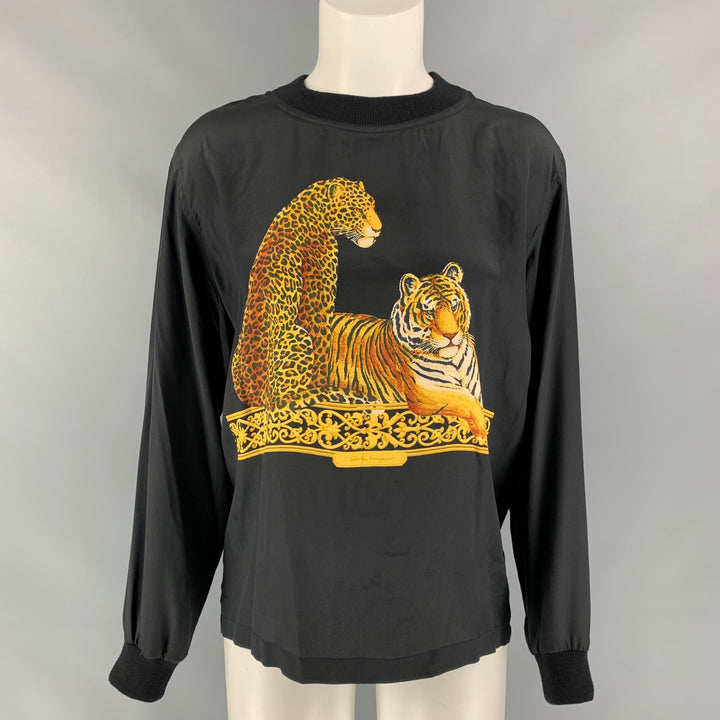 Vintage SALVATORE FERRAGAMO Size M Black & Beige Tiger Print Silk Blouse