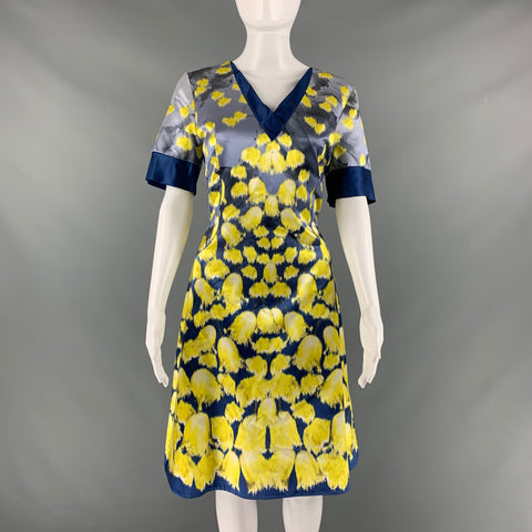 PRABAL GURUNG Size 10 Blue Yellow Cotton Silk Print A-Line Dress