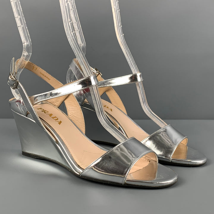 PRADA Size 7 Silver Metallic Slingback Wedges