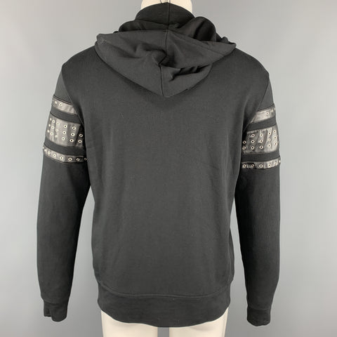 JUST CAVALLI Taille S Veste à capuche en coton noir avec œillets et bordure en cuir