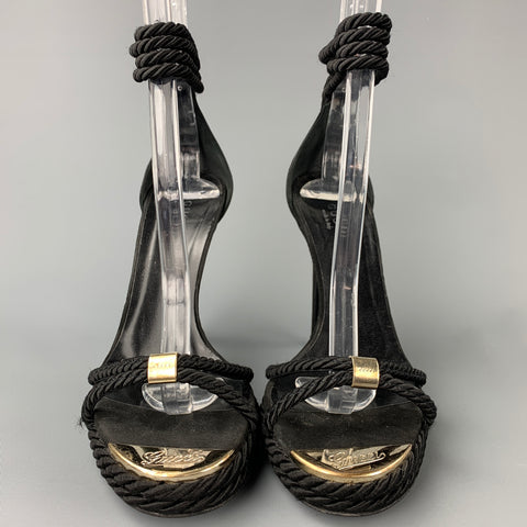 GUCCI Size 5.5 Black & Gold Suede Silk Cord Platfrom Sandals