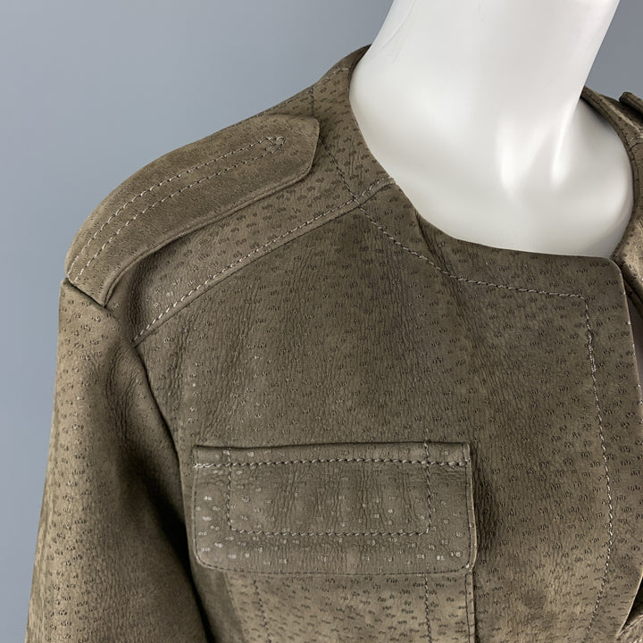 PRADA Size S Olive Green Textured Sueded Leather Alligator Belt Military Coat