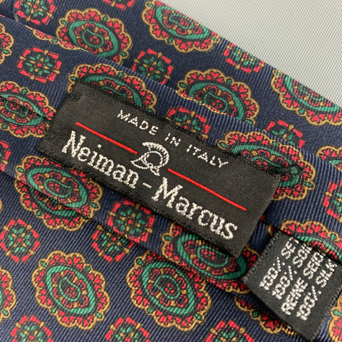NEIMAN MARCUS Navy Multi-color Abstract Floral Silk Tie