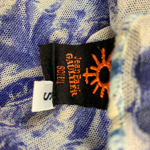 JEAN PAUL GAULTIER Size S Blue & White Polyamide See Through Tapestry Blouse