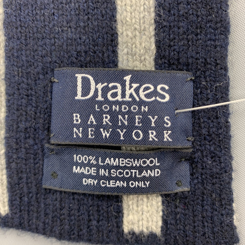 DRAKES LONDON Navy & Grey Striped Wool Scarf