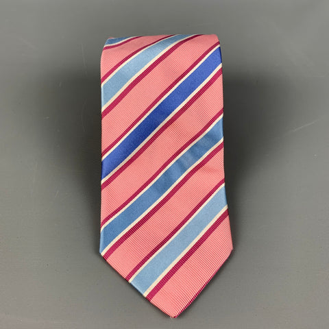BRIONI Pink & Blue Diagonal Stripe Silk Tie