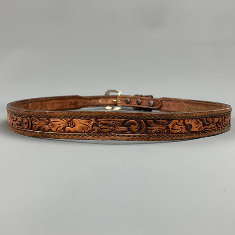 VINTAGE Size 34 Brown Carved Leather Skinny Belt
