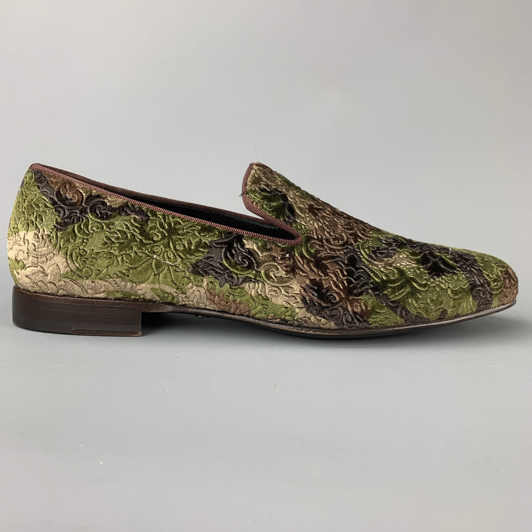 MEZLAN Size 8 Olive & Brown Brocade Velvet Slip On Loafers