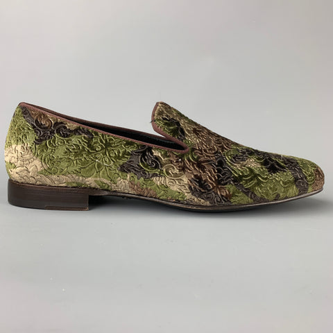 MEZLAN Size 8 Olive & Brown Brocade Velvet Slip On Loafers