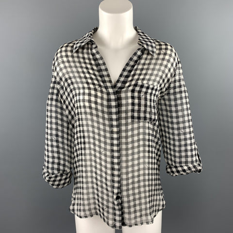 DIANE VON FURSTENBERG Talla 4 Blusa de seda a cuadros en blanco y negro