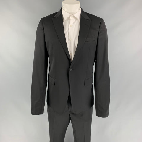 EMPORIO ARMANI Talla 40 Traje Negro Lana Virgen / Poliamida Solapa de Pico