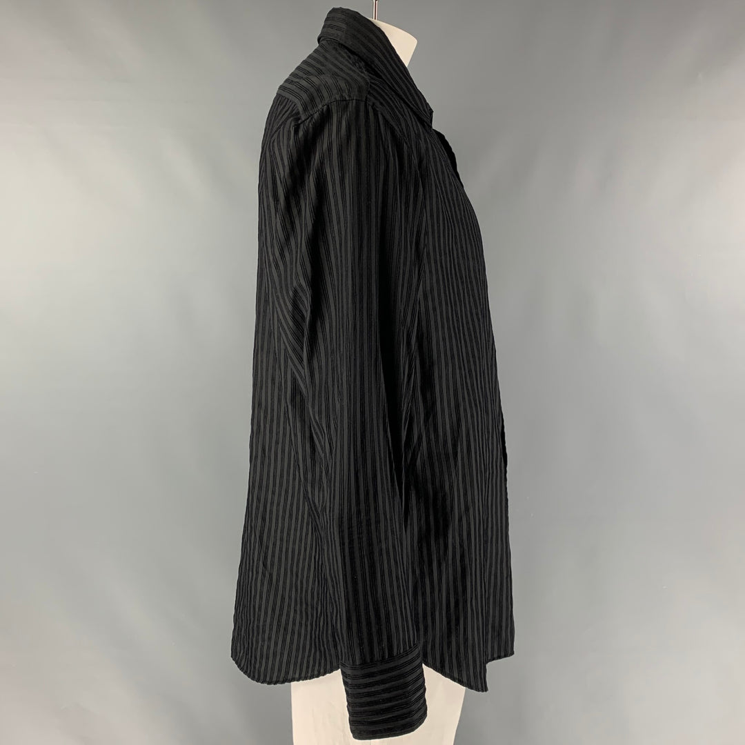 ARMANI COLLEZIONI Size XXL Black Stripe Silk Blend Button Up Long Sleeve Shirt