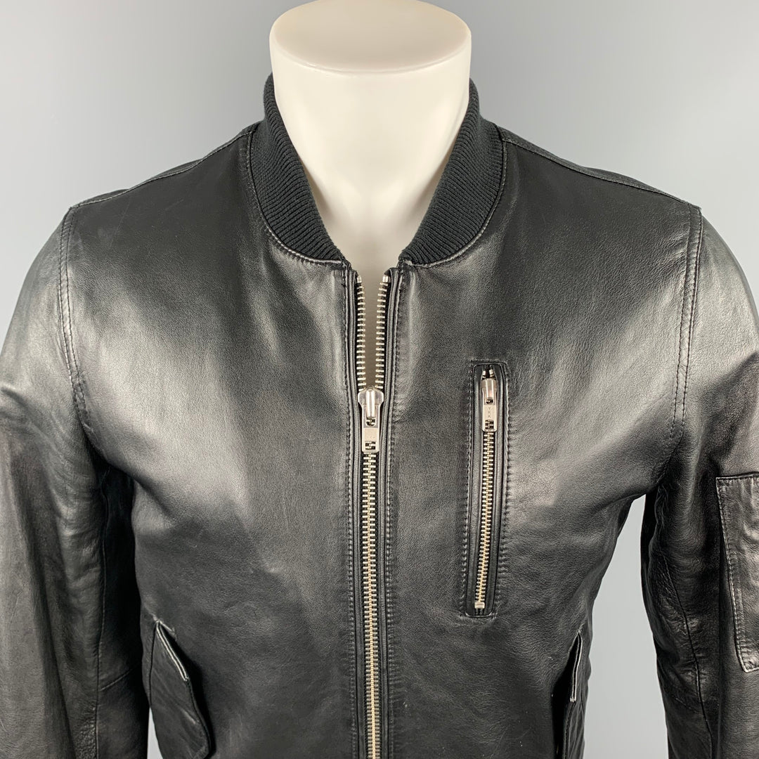 BLK DNM Size S Black Leather Zip Up Bomber Jacket