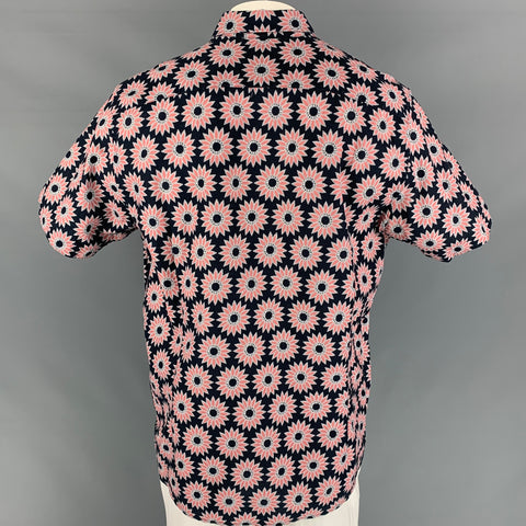 TED BAKER Size XXL Navy & Rose Print Cotton Button Up Short Sleeve Shirt