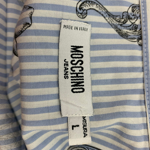 Vintage MOSCHINO JEANS Size L Blue Black White Print Cotton Ruffle Long Sleeve Shirt