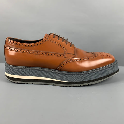 PRADA Size 10.5 Tan Perforated Leather Wingtip Lace Up Shoes