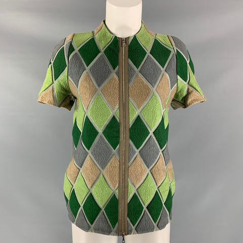 MARNI Size 2 Green & Grey Cotton Blend diamond Blouse