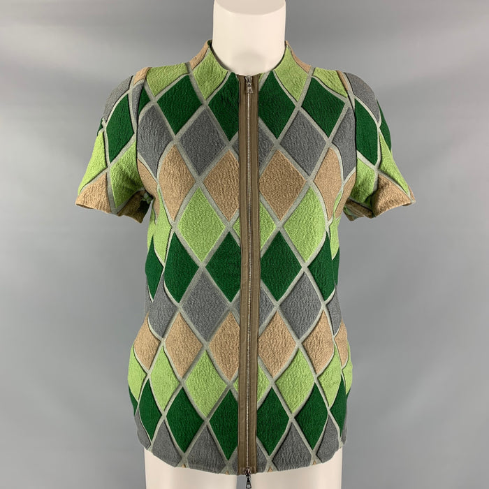 MARNI Size 2 Green & Grey Cotton Blend diamond Blouse
