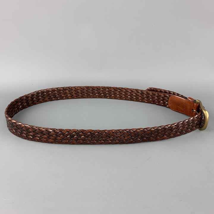 J & C Size 34 Woven Brown Leather Brass Buckle Belt