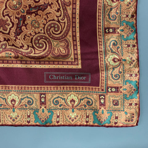 CHRISTIAN DIOR Burgundy Gold Paisley Pocket Square