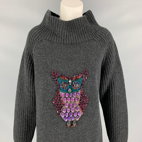 BURBERRY PRORSUM Fall 2012 Size L Charcoal Beaded Wool / Cashmere Owl Mock Neck Sweater