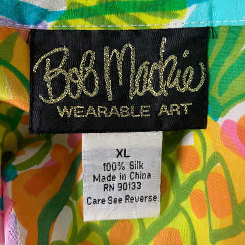 BOB MACKIE Size XL Multi-Color Silk Abstract Button Up Blouse