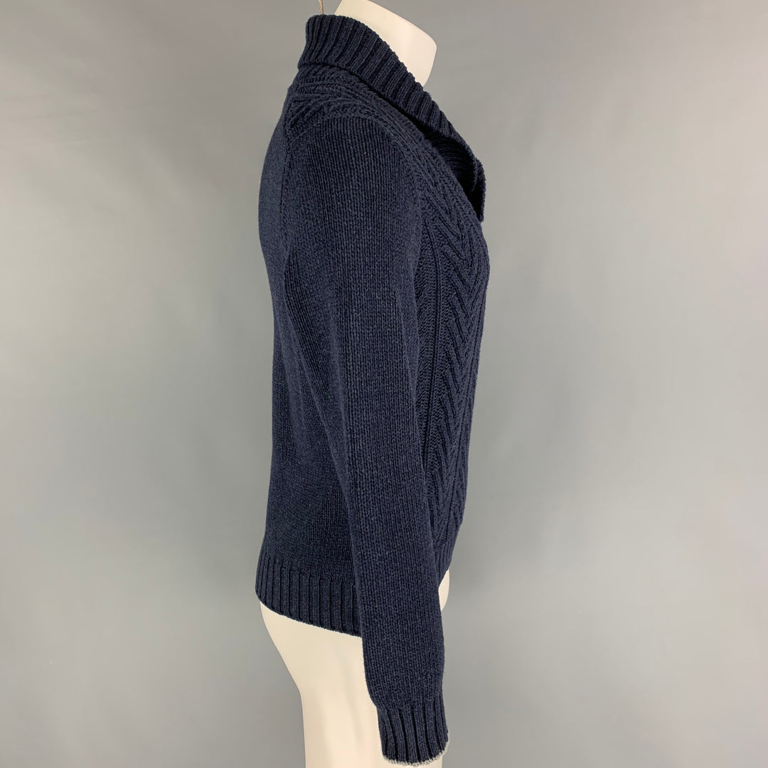 BRUNELLO CUCINELLI Size S Dark Blue Knit Cotton Nylon Shawl Collar Sweater