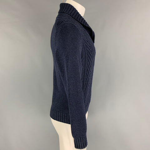 BRUNELLO CUCINELLI Talla S Jersey con cuello chal de nailon y algodón de punto azul oscuro