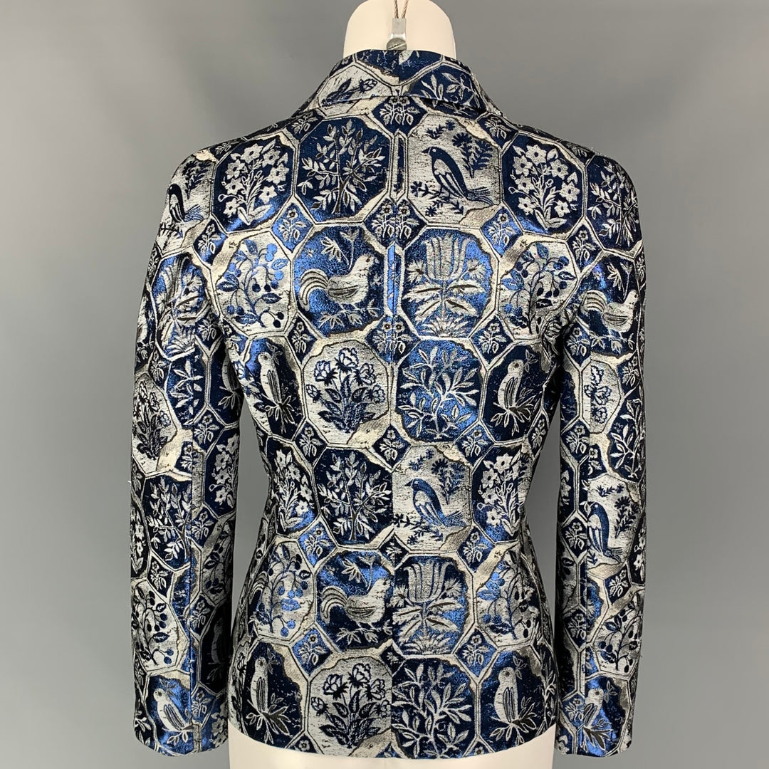GIORGIO ARMANI Size 2 Blue & Grey Jacquard Acetate Blend Shawl Collar Jacket
