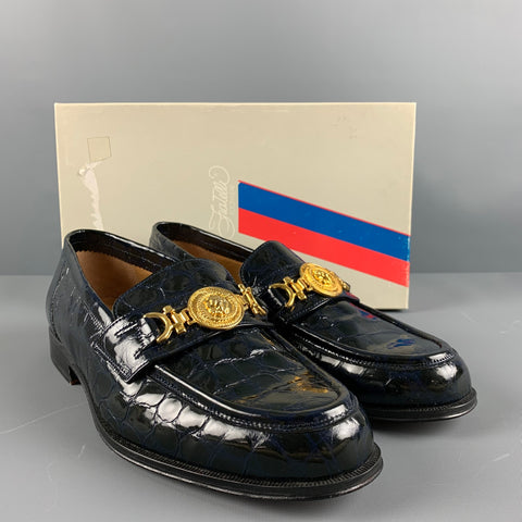 CAPORICCI Size 9 Black Gold Embossed Leather Loafers