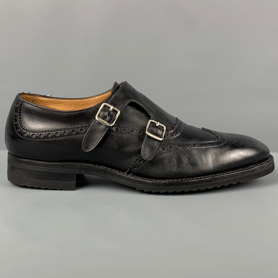 GRAVATI Size 10 Black Perforated Leather Double Monk Strap Lace Up Shoes